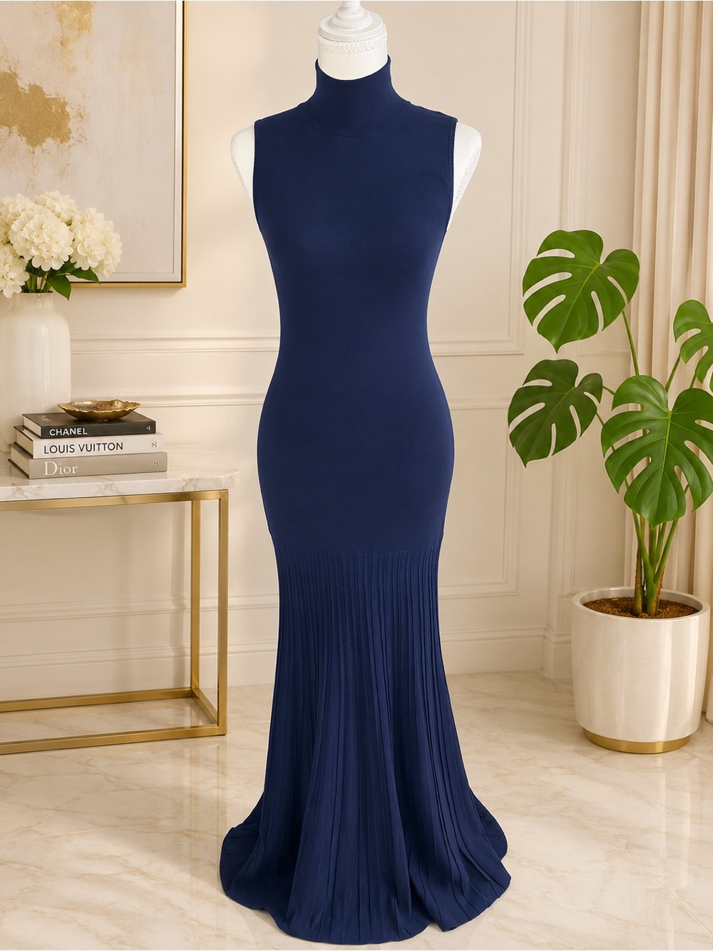 Line & Dot Paulina Navy Maxi Sweater Dress Pleated Hem XS